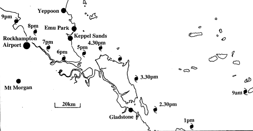 Rockhampton Cyclone, 1949: detailed track 9am-9pm 2 March